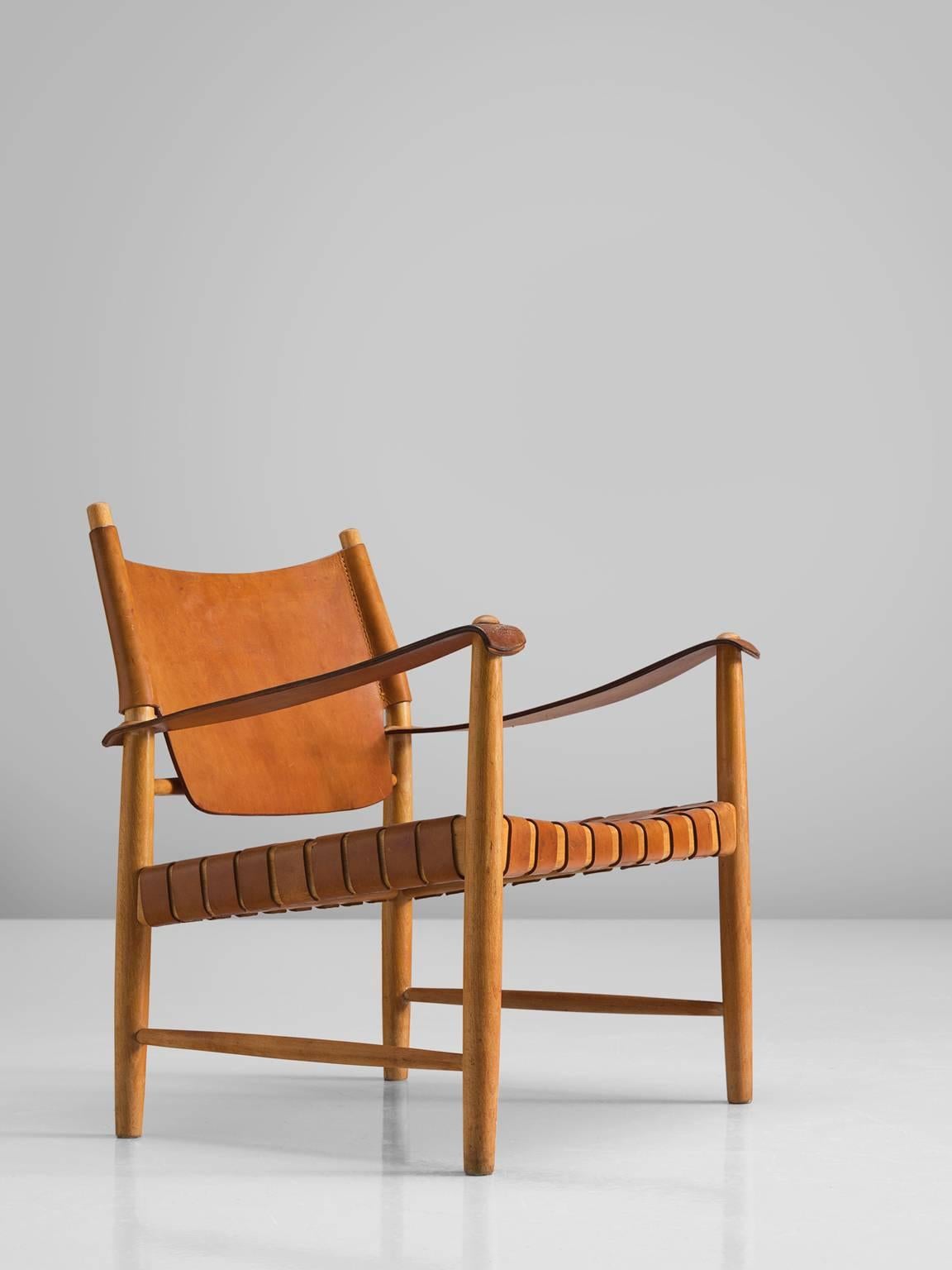 Scandinavian Modern Danish Cognac Leather Safari Chair, 1950s