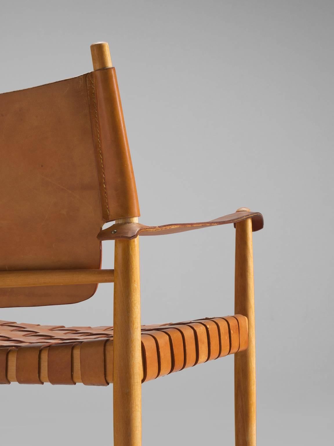 Danish Cognac Leather Safari Chair, 1950s 1