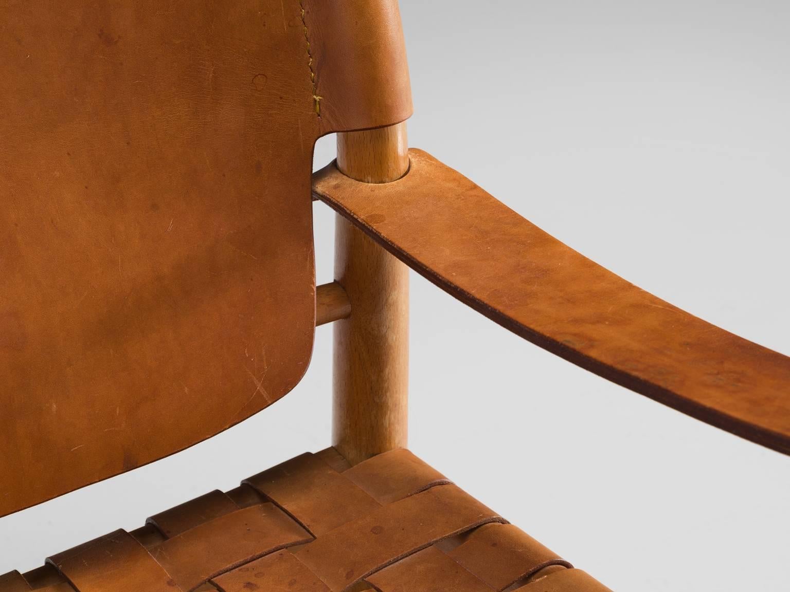 Danish Cognac Leather Safari Chair, 1950s 3