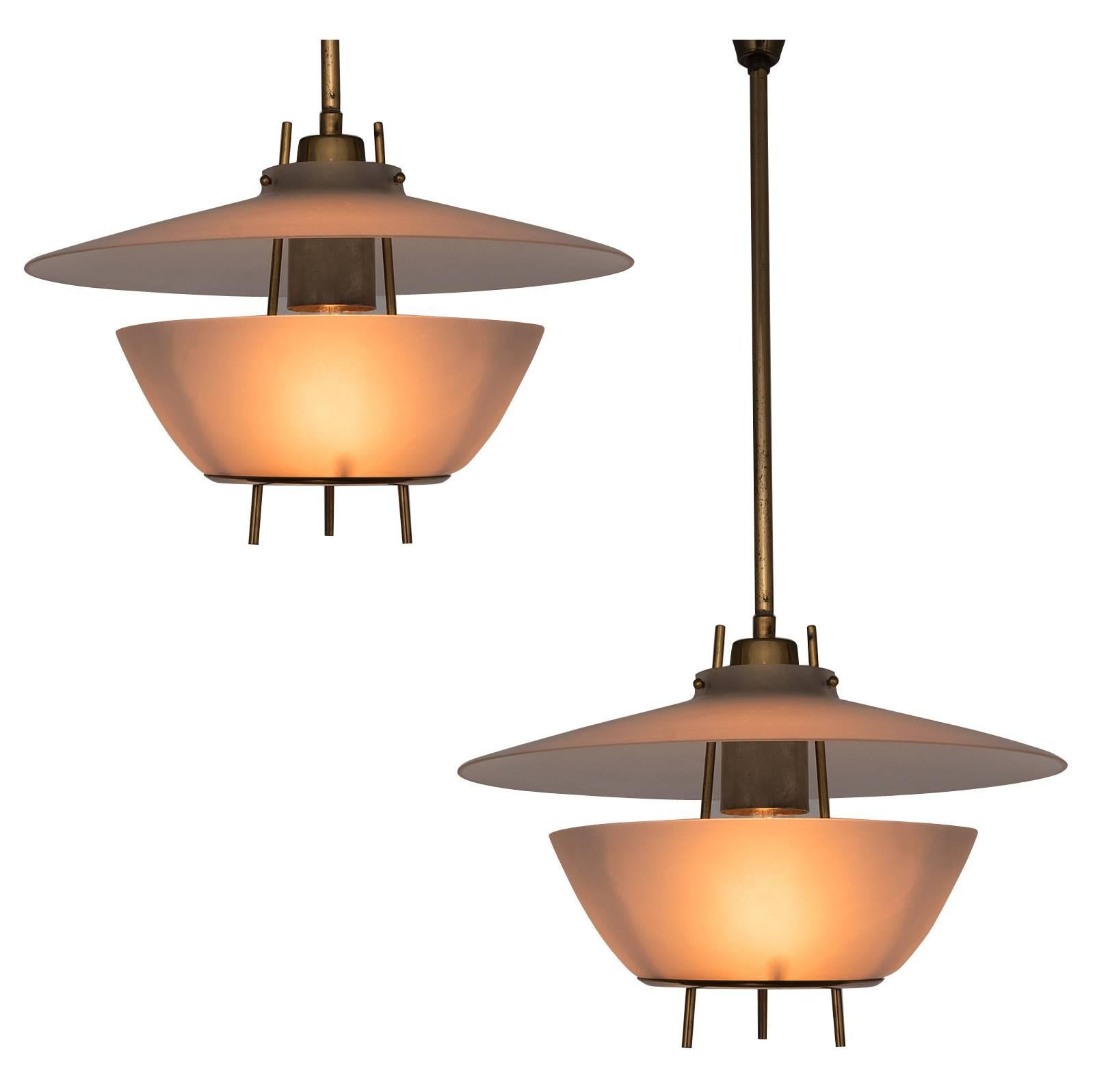 O-Luce Pair of Italian Pendants in Brass and Glass