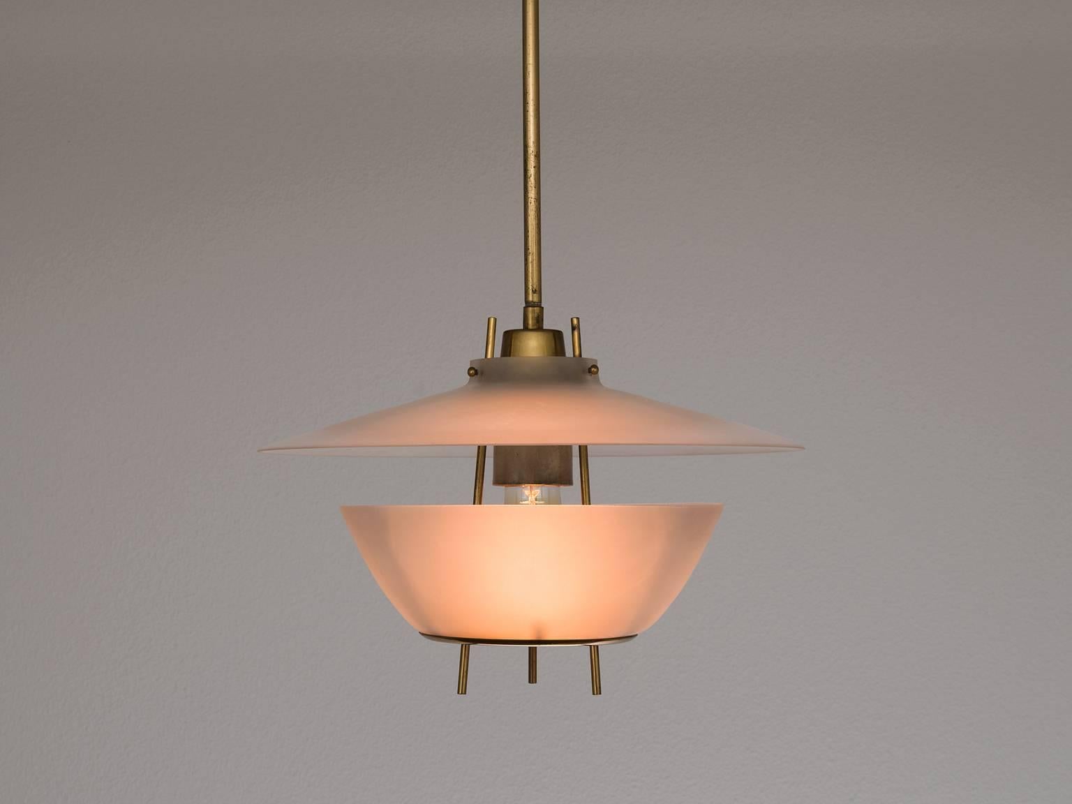 Mid-Century Modern O-Luce Pair of Italian Pendants in Brass and Glass
