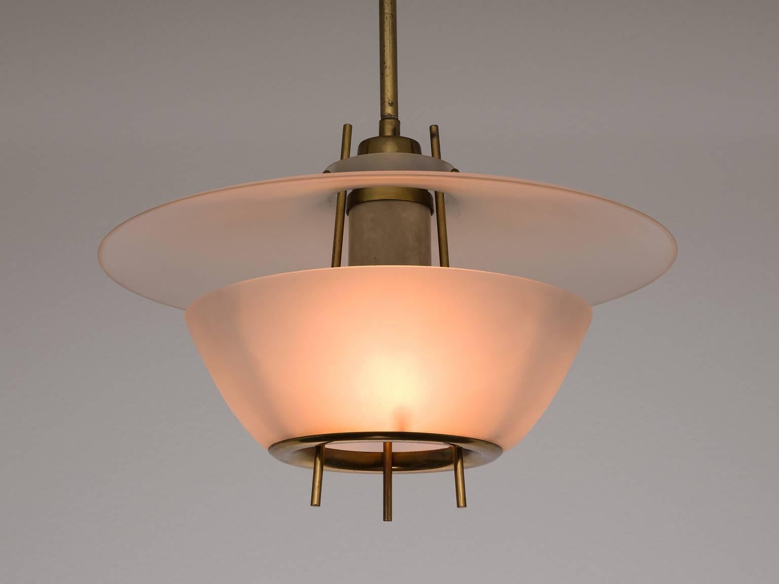 Mid-20th Century O-Luce Pair of Italian Pendants in Brass and Glass
