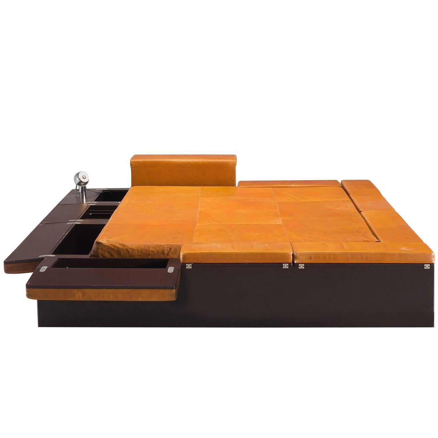 Italian Cognac Leather Bed with Goffredo Reggiani Lamps