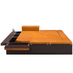 Italian Cognac Leather Bed with Goffredo Reggiani Lamps