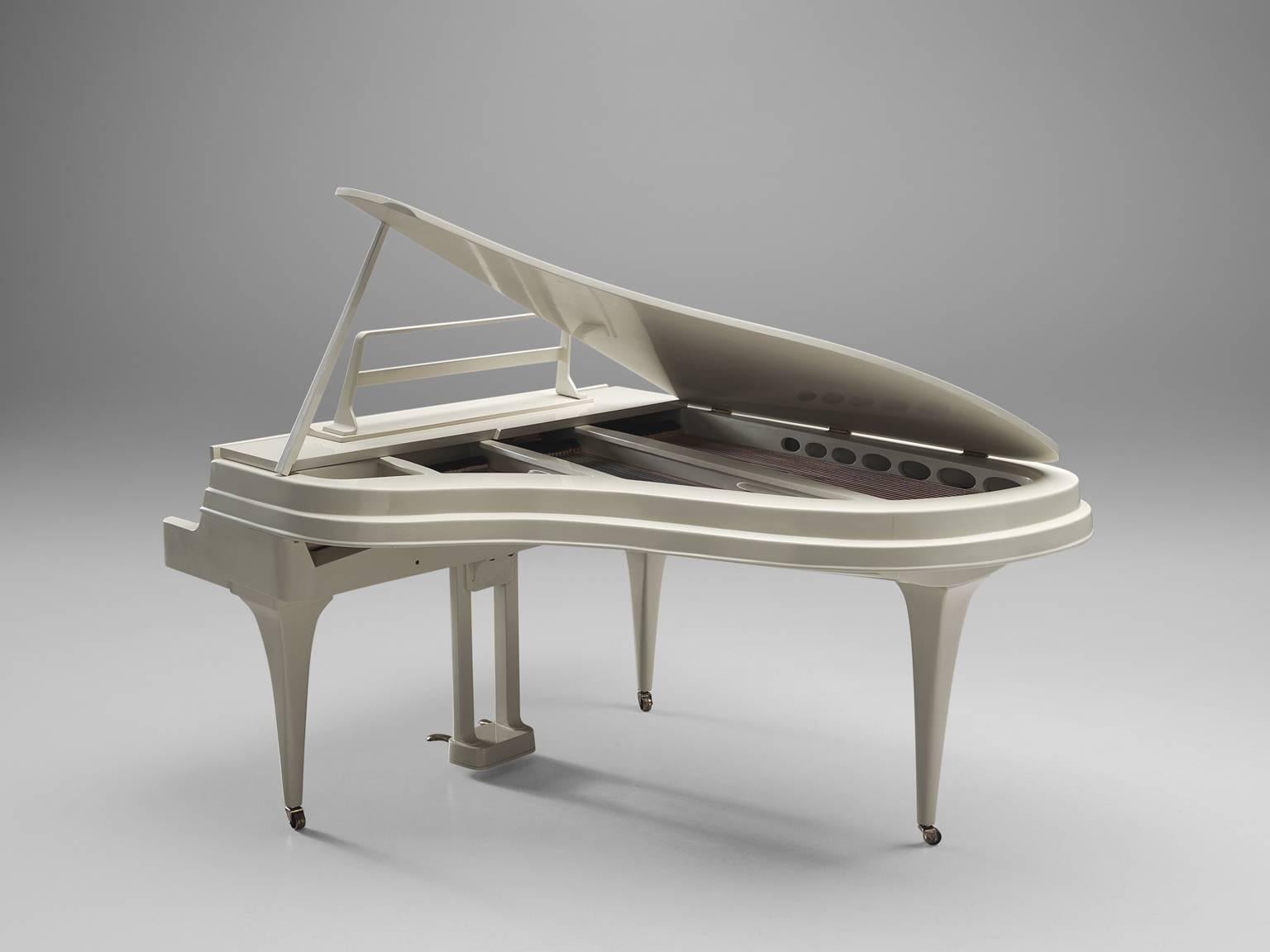 White grand piano, aluminium alloy, wood, brass by Rippen Pianofabriek N.V., the Netherlands, 1946 (production 1950s). 

This model is a renown grand piano by the Dutch piano maker Rippen from Ede. The model was a revolution when it was designed