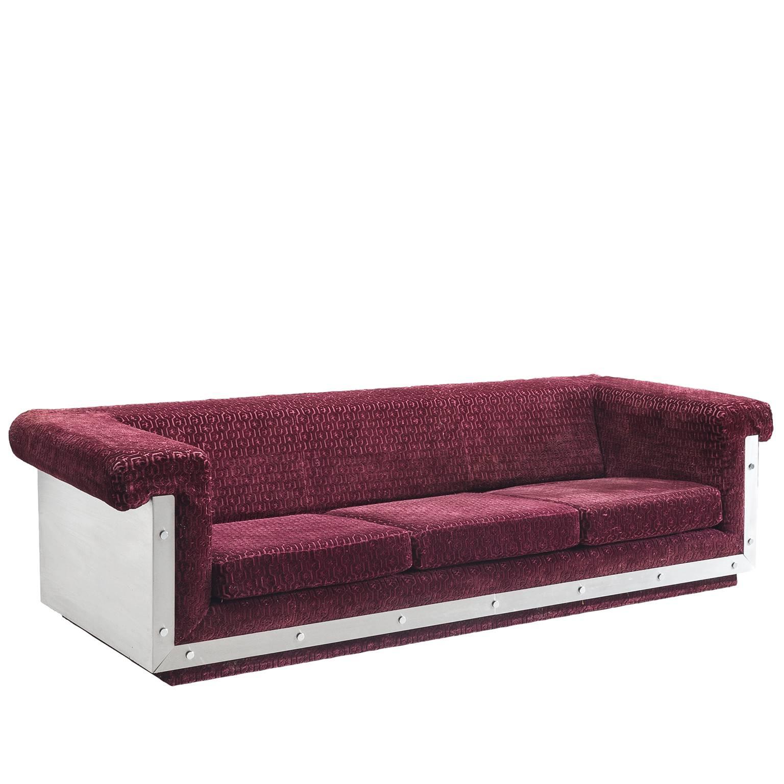 French Sofa in Stainless Steel and Burgundy Velvet Upholstery
