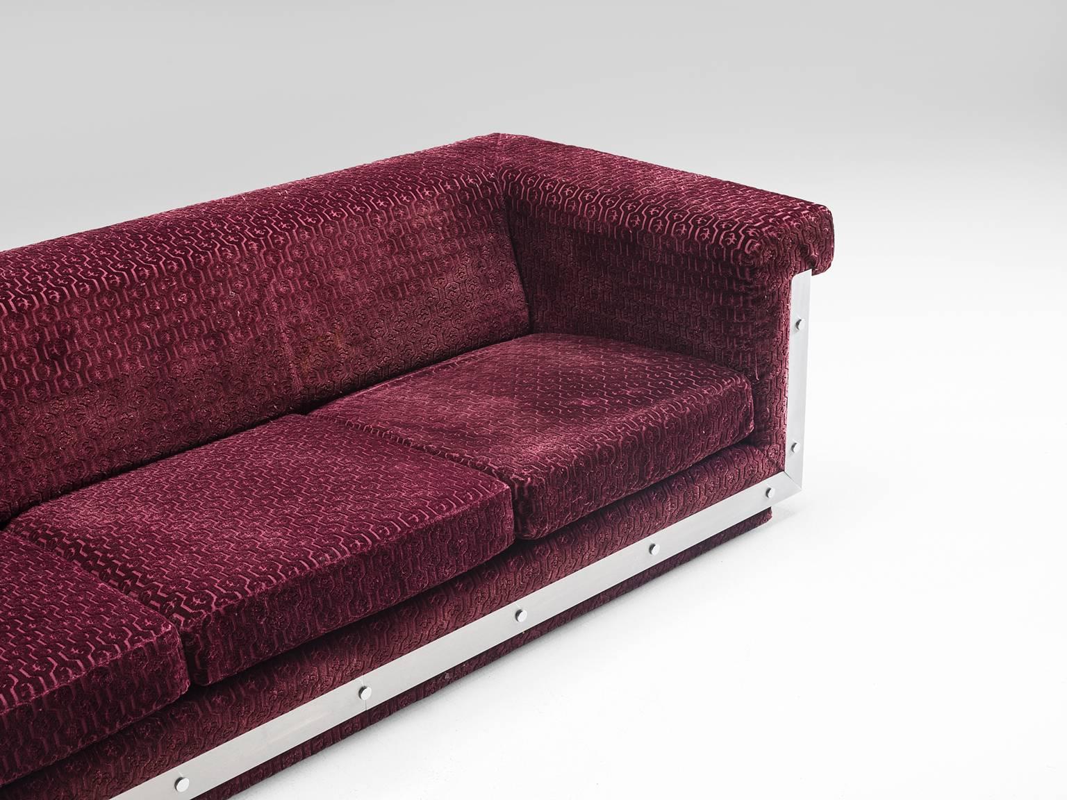 French Sofa in Stainless Steel and Burgundy Velvet Upholstery 4