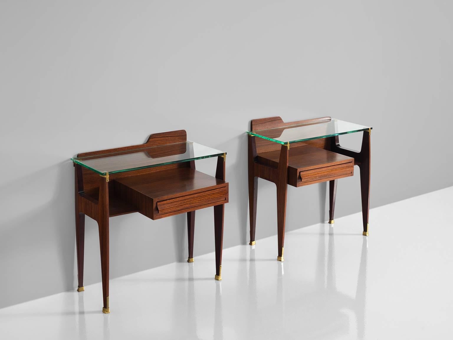 Mid-Century Modern Pair of Brass and Rosewood Italian Nightstands