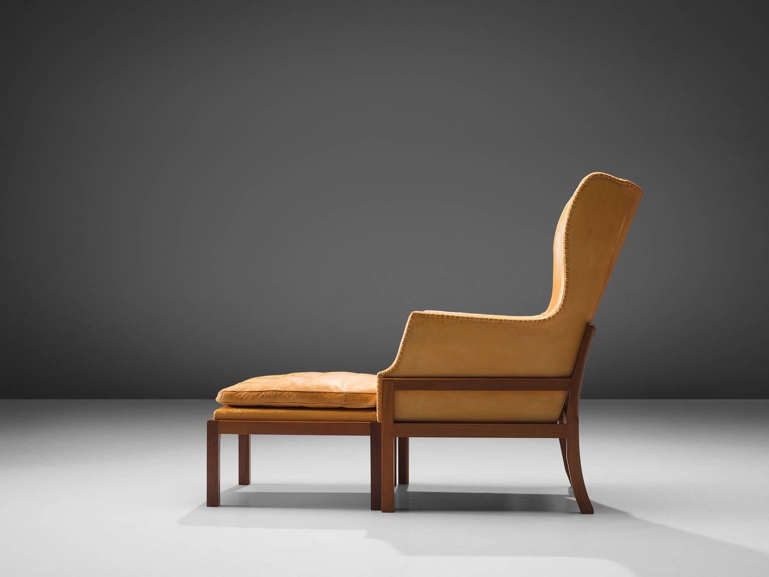 Scandinavian Modern Mogens Koch Wingback Lounge Chair in Mahogany and Cognac Leather