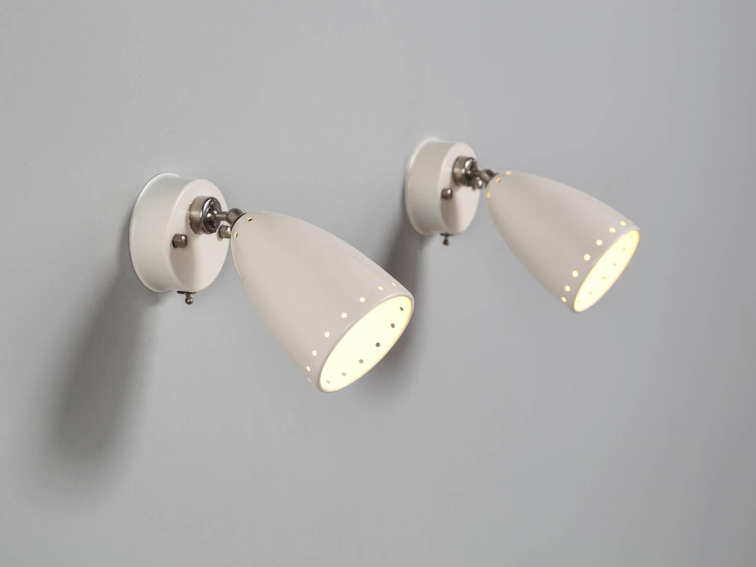 Large set of wall lights, in metal, France, 1950s. 

Wonderfull and adjustable wall lights from an old cruise ship. The shades and base are off-white coated. The adjustable part and the switch are made of aluminum.

There are about 30 lamps