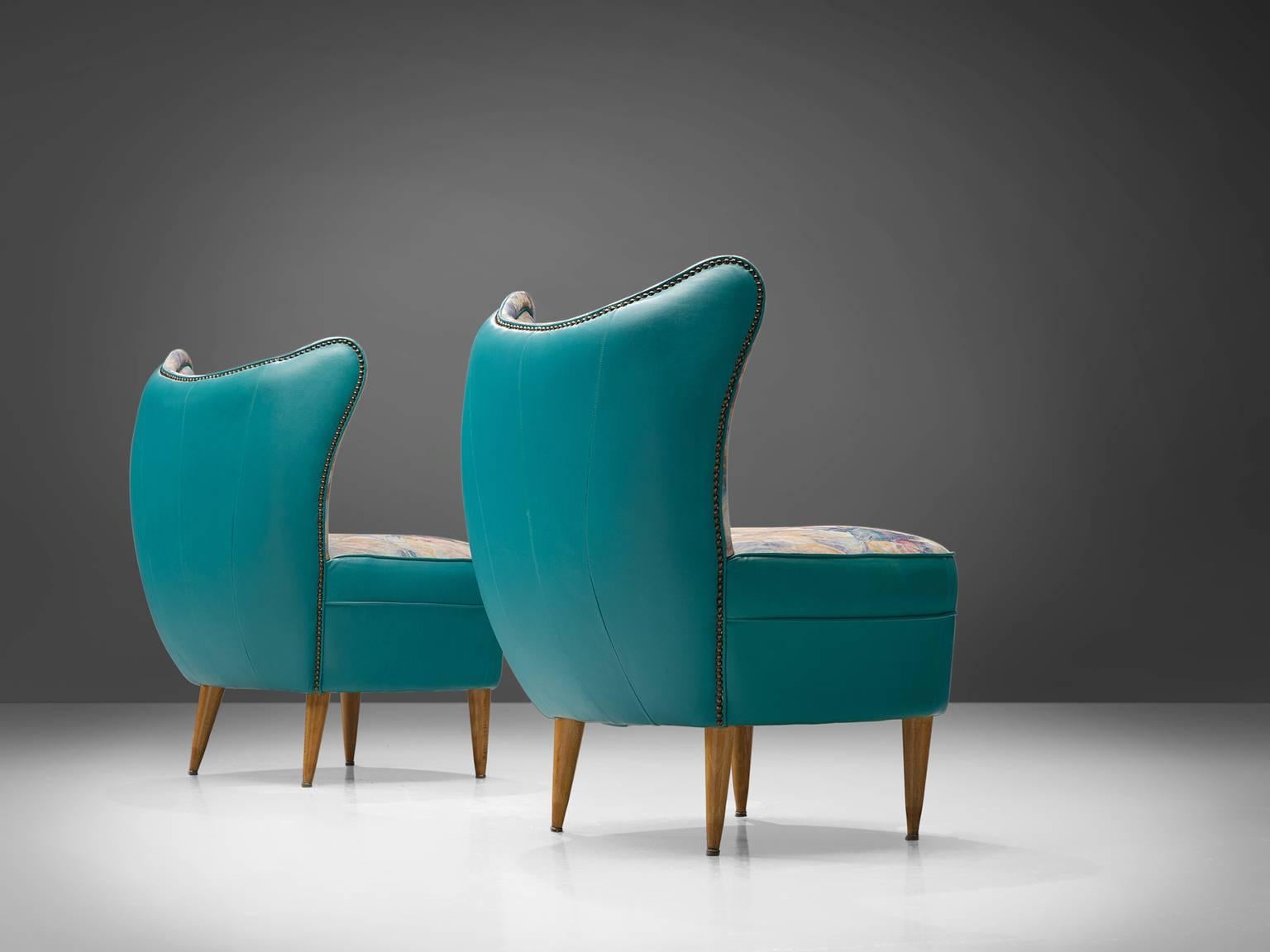 Mid-Century Modern Pair of Italian Easy Chairs in Turqouoise Leatherette