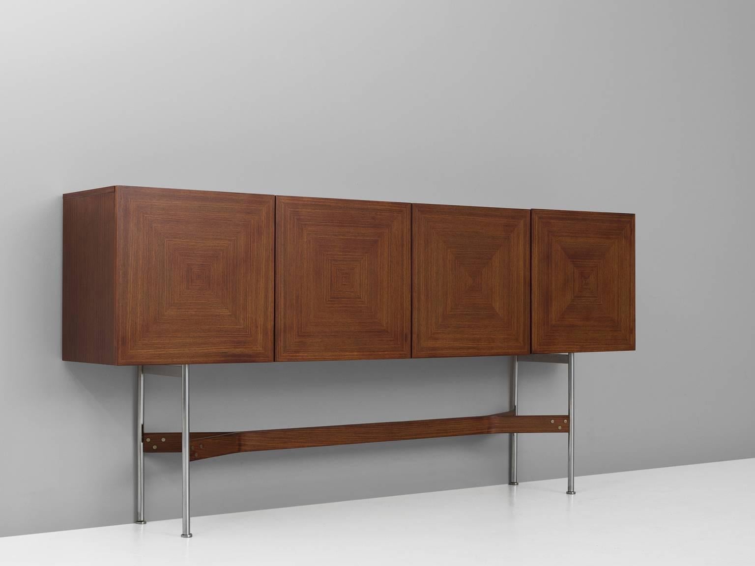 Rudolf Bernd Glatzel for Fristho Franeker, sideboard, rosewood and metal, the Netherlands, 1962. 

Very well crafted highboard with beautiful proportions. The elegant brushed metal and rosewood base contribute to the floating effect of the four
