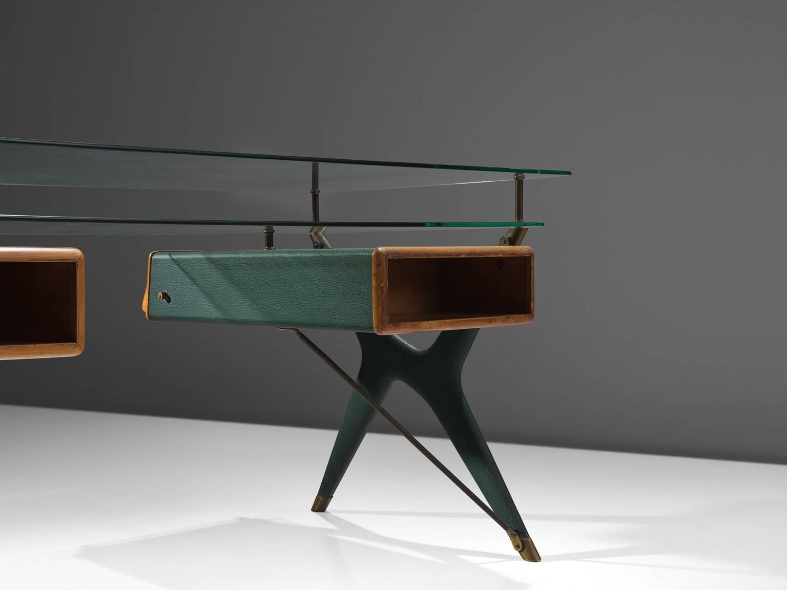 Silvio Berrone for Bialetti Desk in Green Leatherette and Brass In Good Condition In Waalwijk, NL