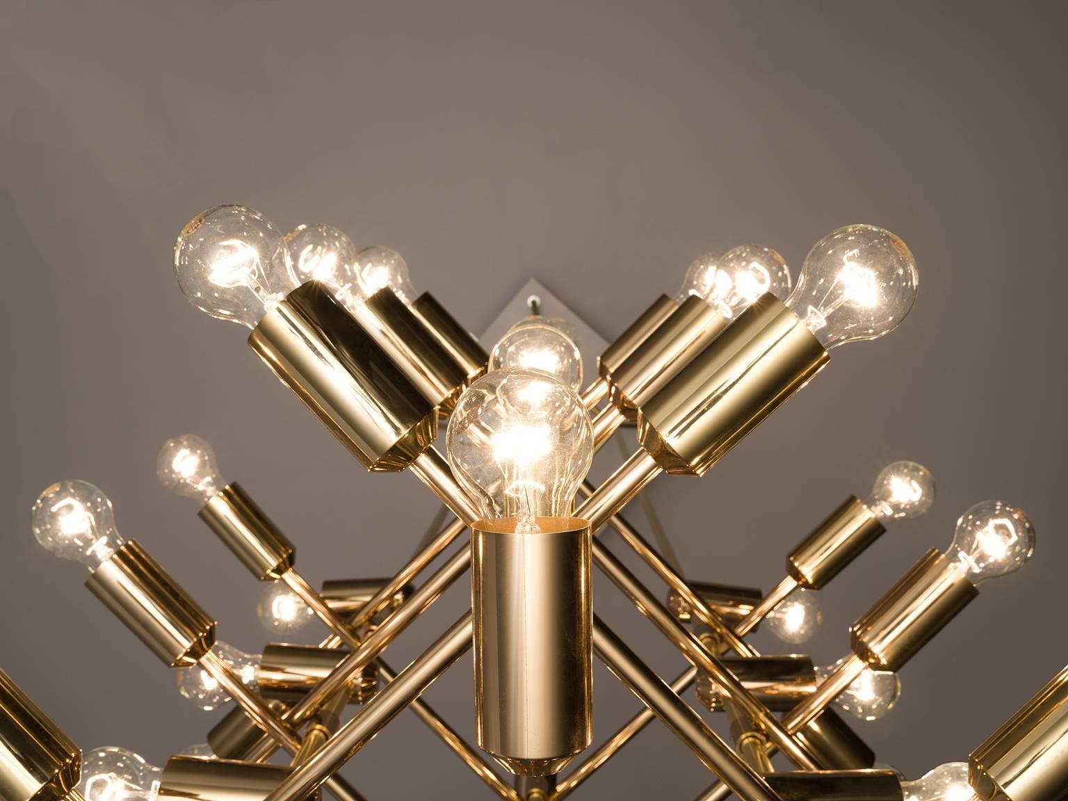 Mid-20th Century Set of 20 Large Brass Chandeliers with Forty Bulbs