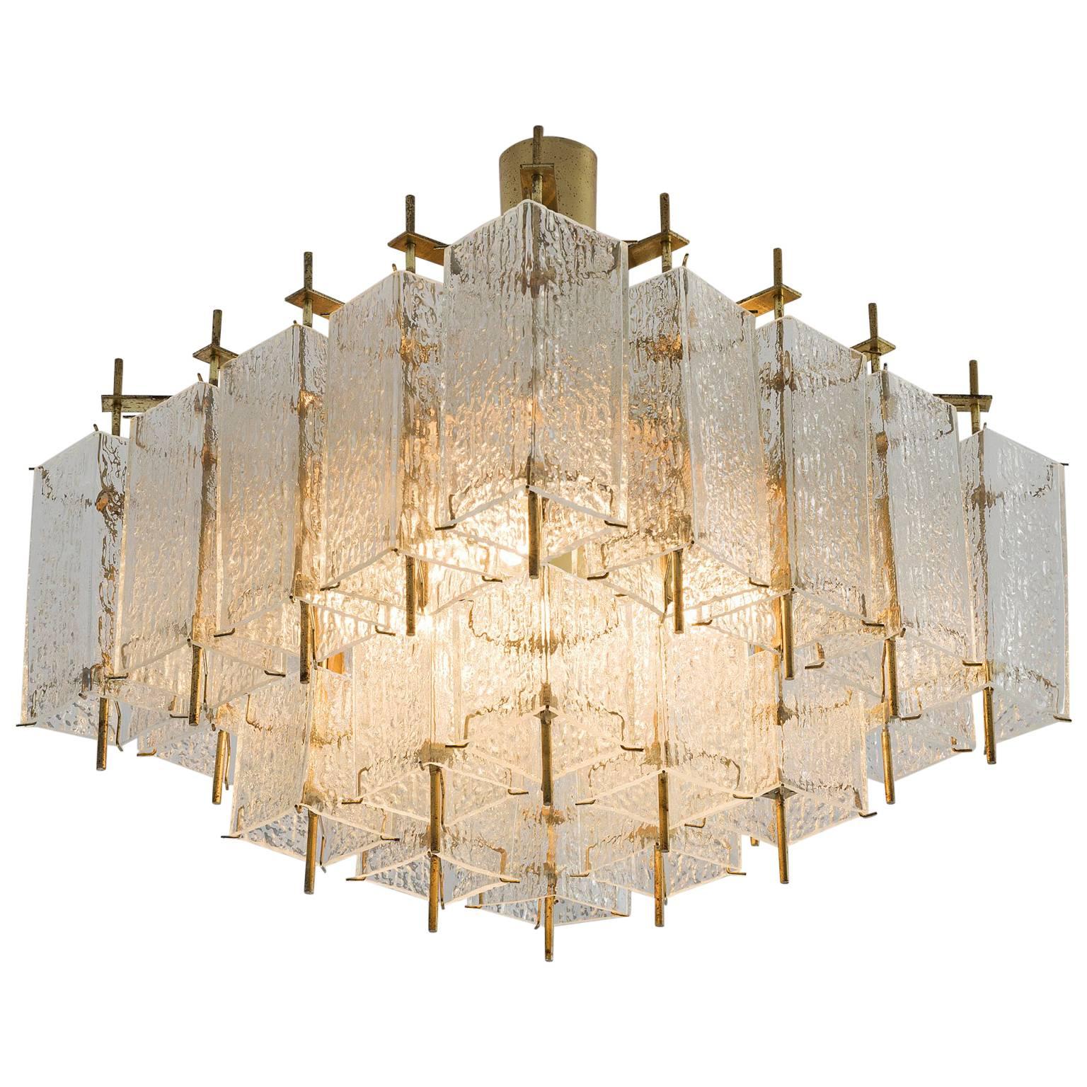 Square Chandelier in Structured Glass and Brass, 1970s