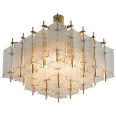 Square Chandelier in Structured Glass and Brass, 1970s