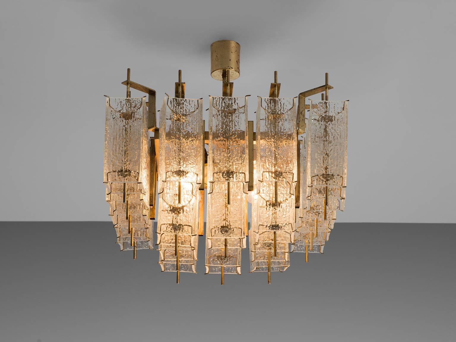 Mid-Century Modern Square Chandelier in Structured Glass and Brass, 1970s