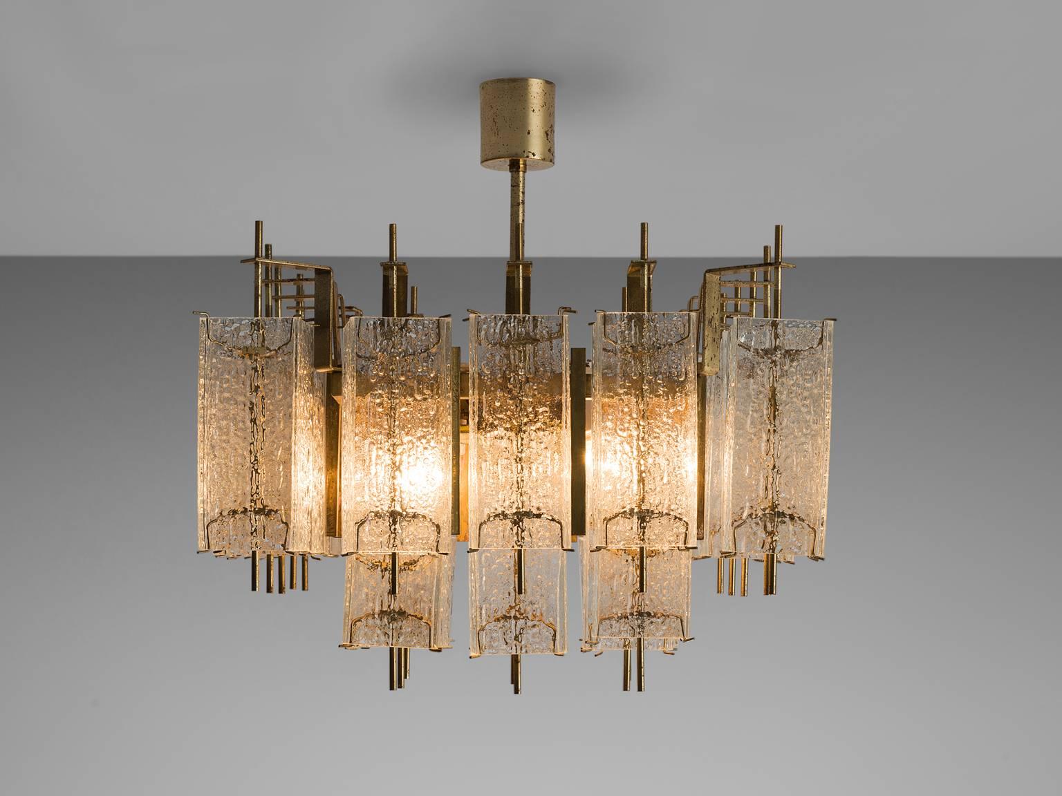 Square Chandelier in Structured Glass and Brass, 1970s In Good Condition In Waalwijk, NL