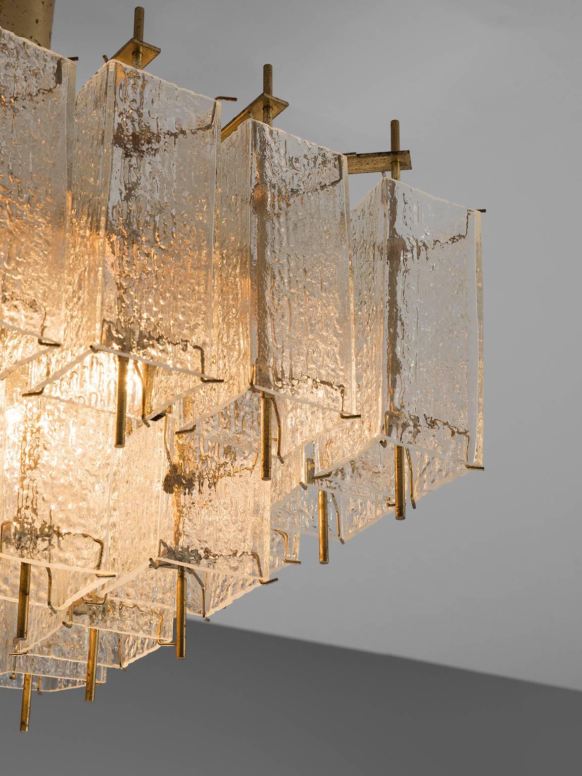 Late 20th Century Square Chandelier in Structured Glass and Brass, 1970s