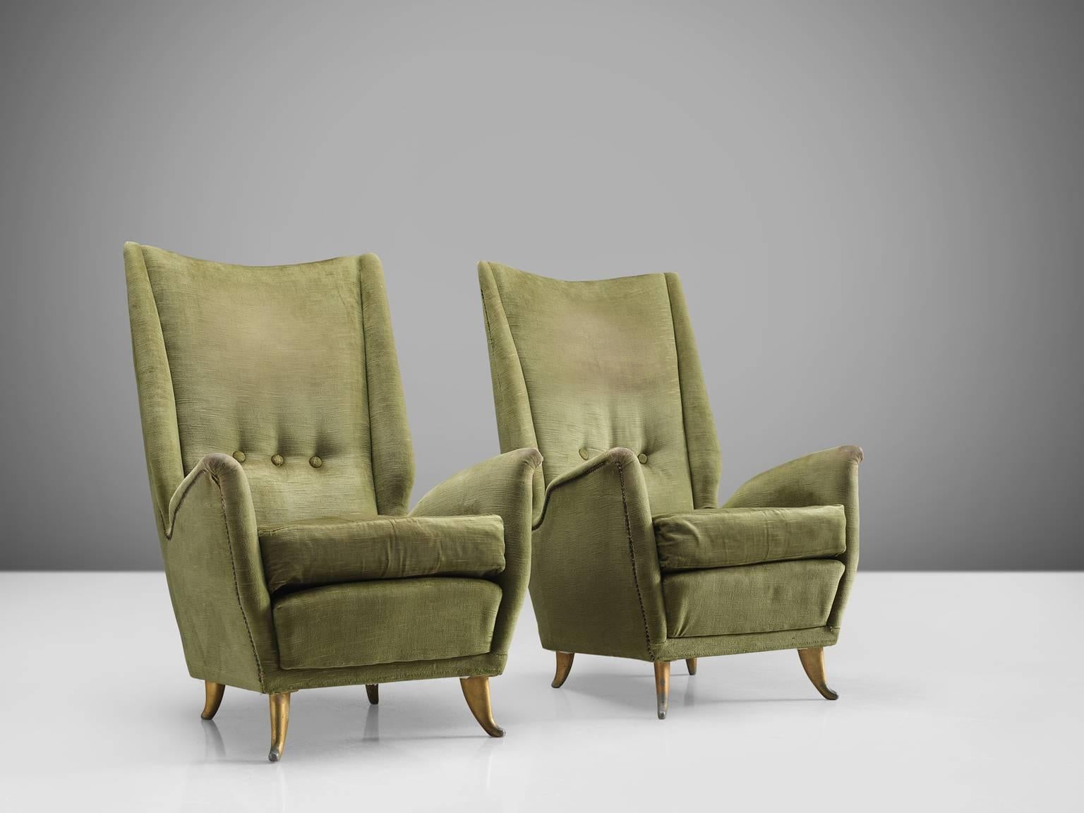 ISA, pair of lounge chairs, in fabric and wood, for Italy, 1950s. 

An elegant pair of Italian Lounge chairs in the manner of Gio Ponti. What really characterizes this chairs is their high backs in combination with the lumbar support which