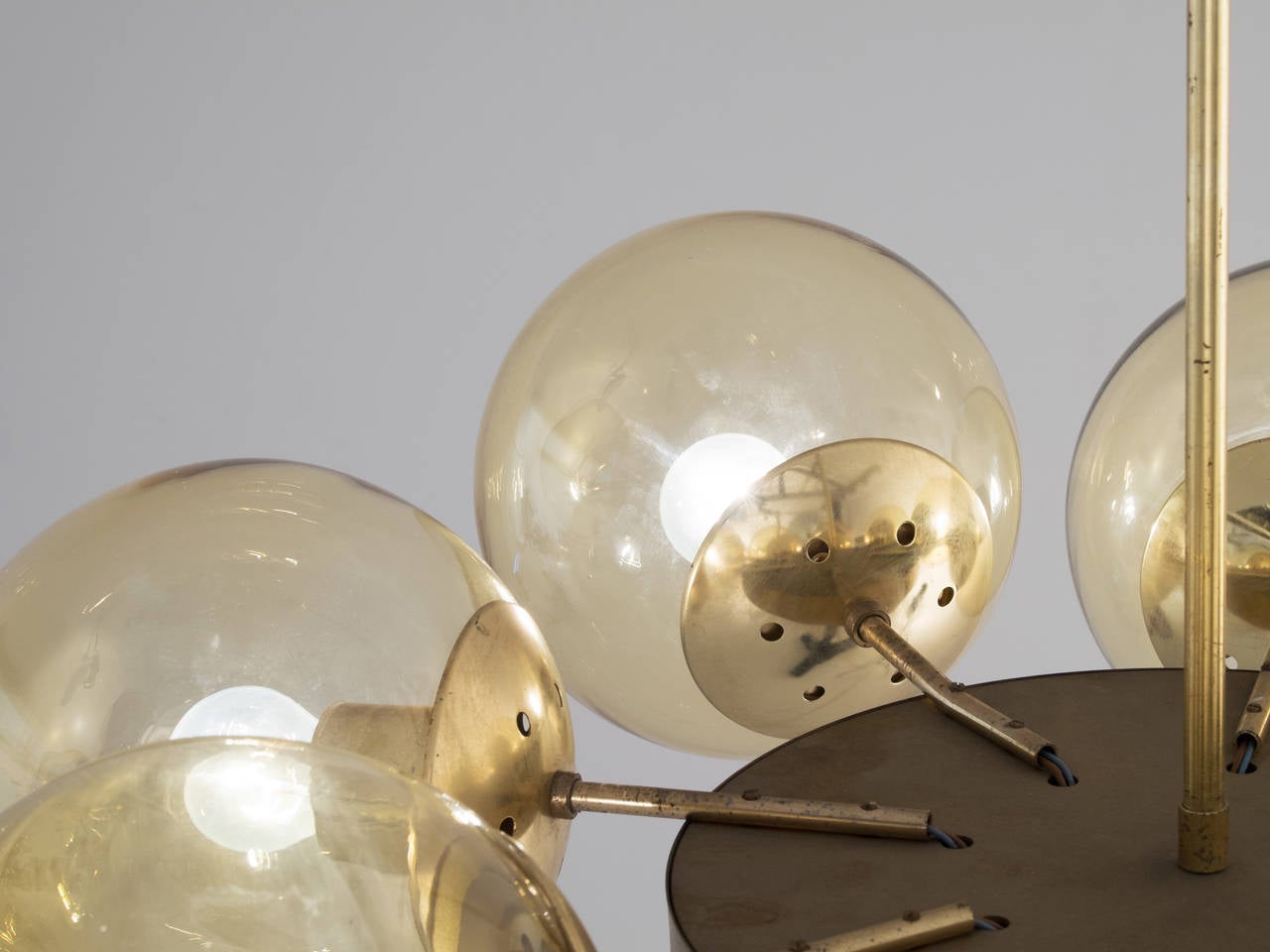 Scandinavian Modern Solid Brass Chandelier with Yellow Spheres