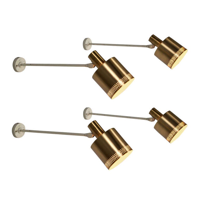 Four Swedish Wall Lamps in White Metal with Brass Shades