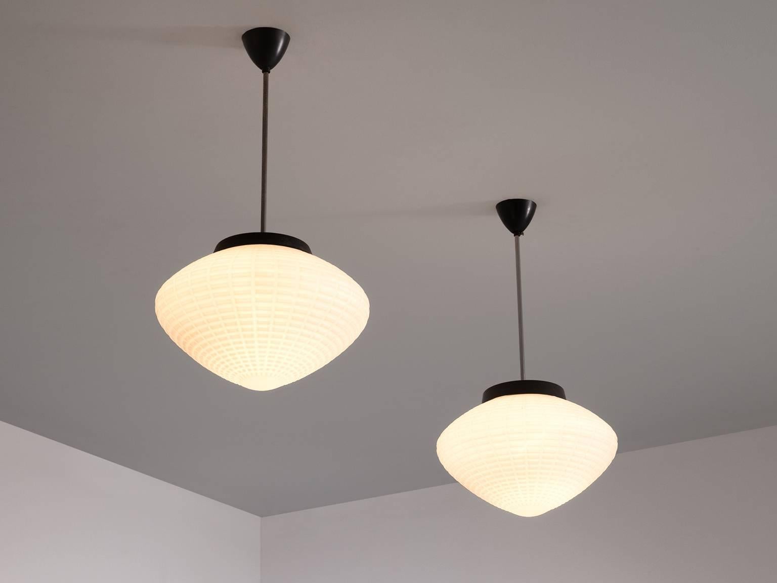 Mid-Century Modern Set of Three Pendants with Structured Opaline Glass Shades