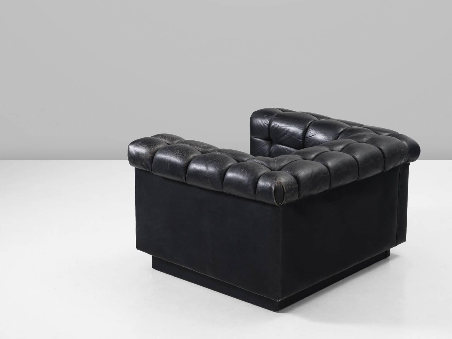 Mid-Century Modern Edward Wormley Tufted Club Chair in Black Leather for Dunbar