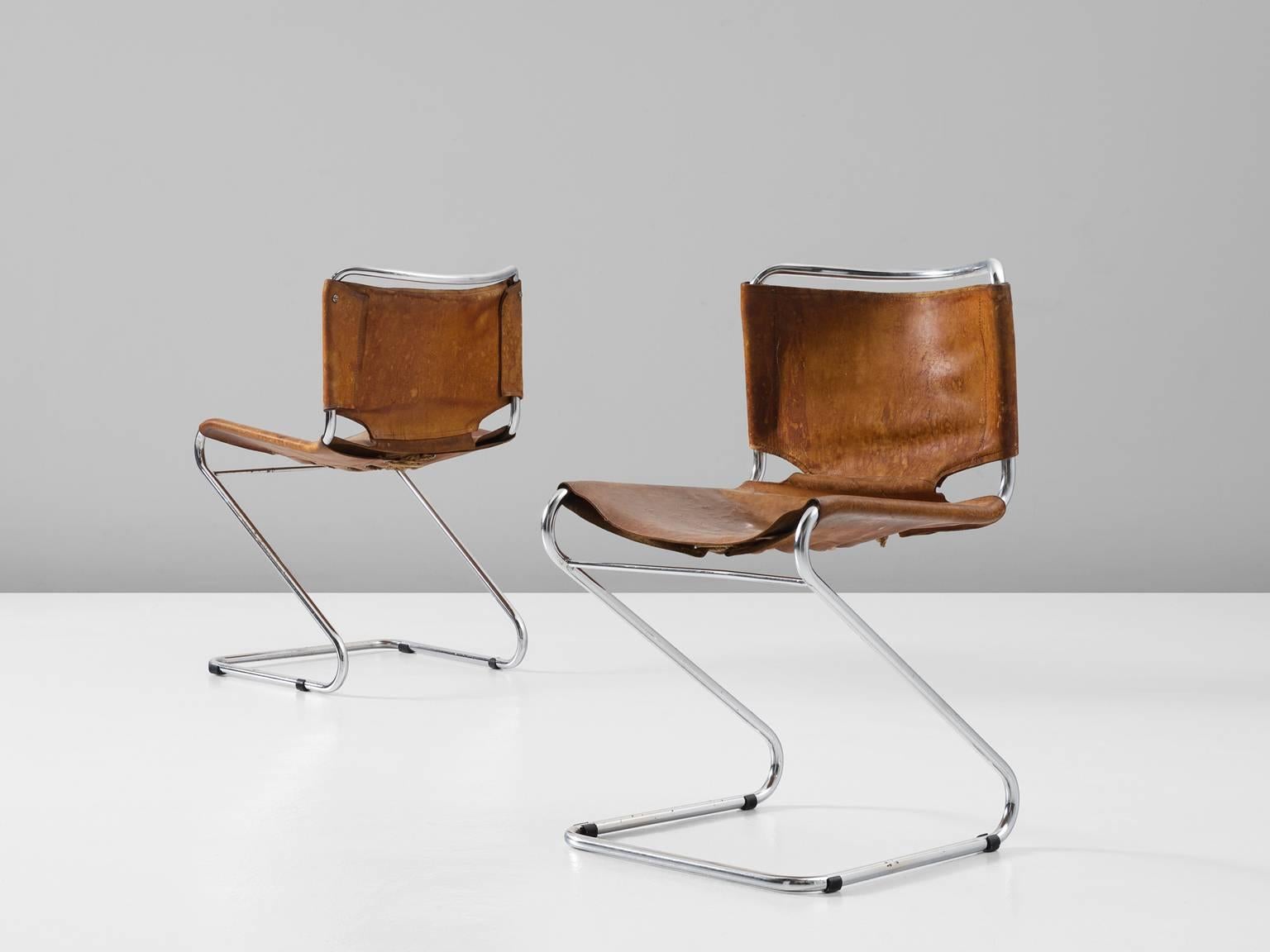 Mid-Century Modern Set of Four Tubular Dining Chairs with Patinated Cognac Leather Upholstery