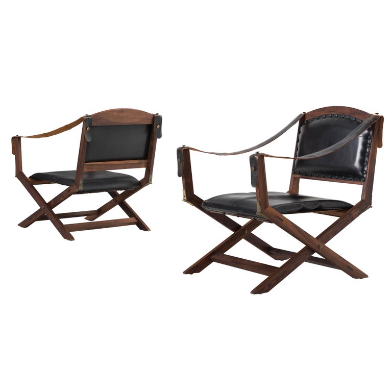 Brutalist Leather Safari Chair At 1stdibs Set Of Two Safari X Chairs In Black Leather