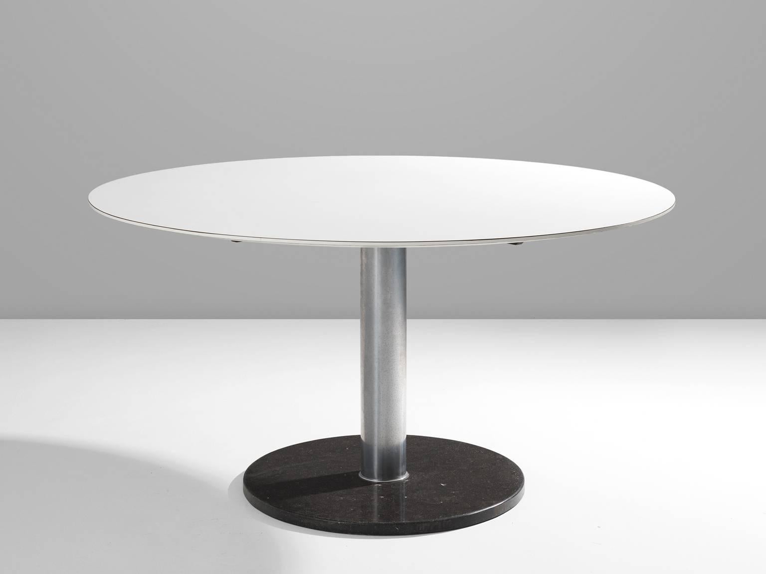 Dining table, in wood, metal and marble, by Alfred Hendrickx for Belform, Belgium, 1960s. 

Pedestal dining room table with round white top on a chromed pedestal with black marble base. This table is designed by the well-known Belgian designer