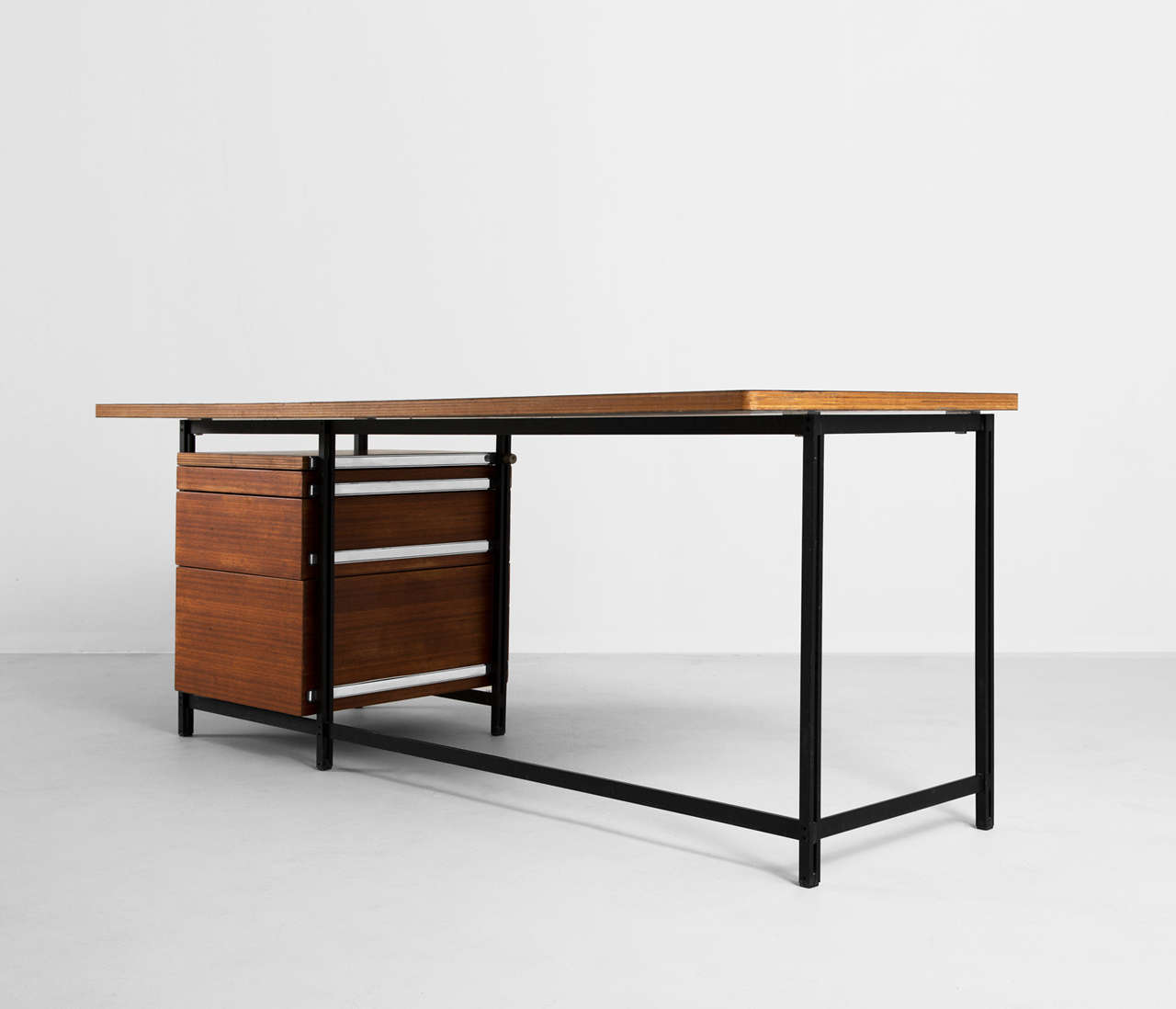 Mid-20th Century Jules Wabbes Early Black Steel and Dark Teak Desk for Mobilier Universel