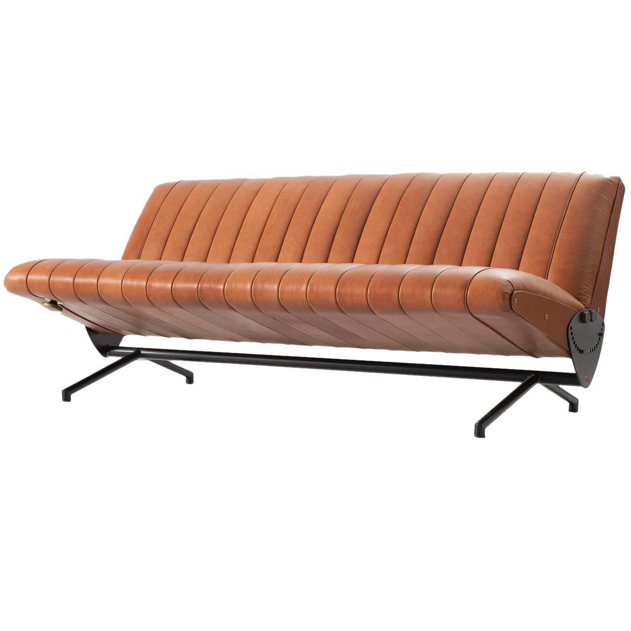 Reupholstered Osvaldo Borsani D70 Sofa in Warm Cognac Aniline Leather