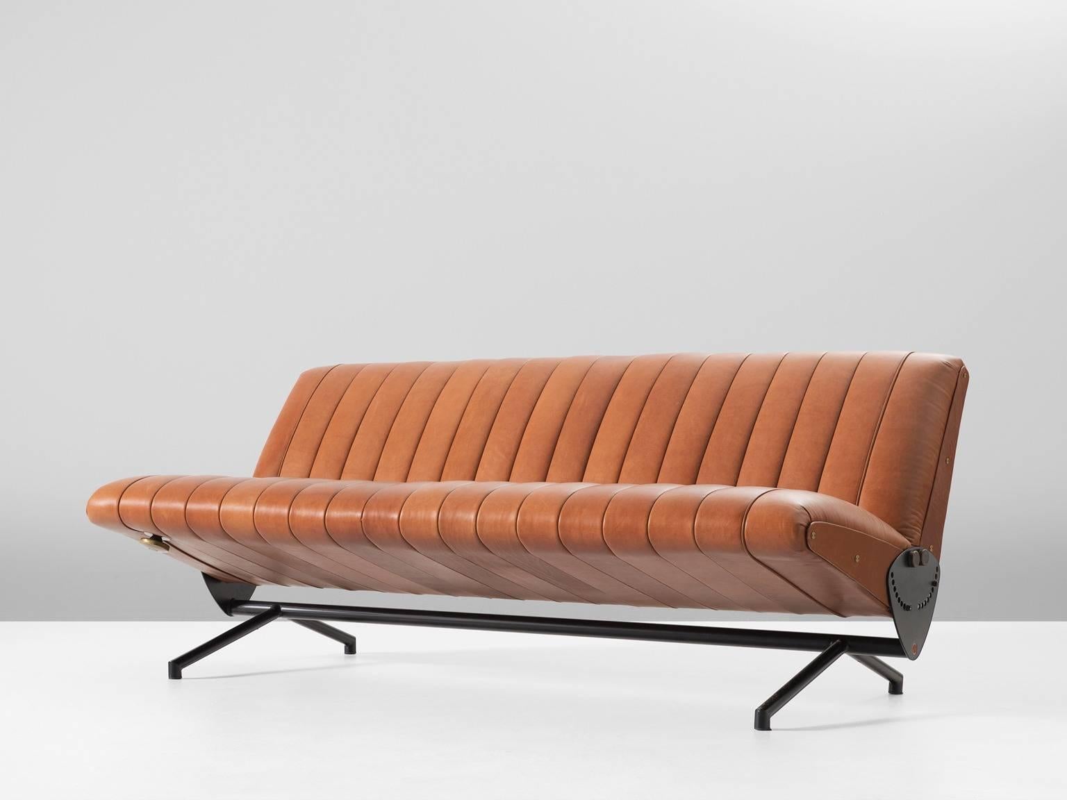 Reupholstered Osvaldo Borsani D70 Sofa in Warm Cognac Aniline Leather In Excellent Condition In Waalwijk, NL
