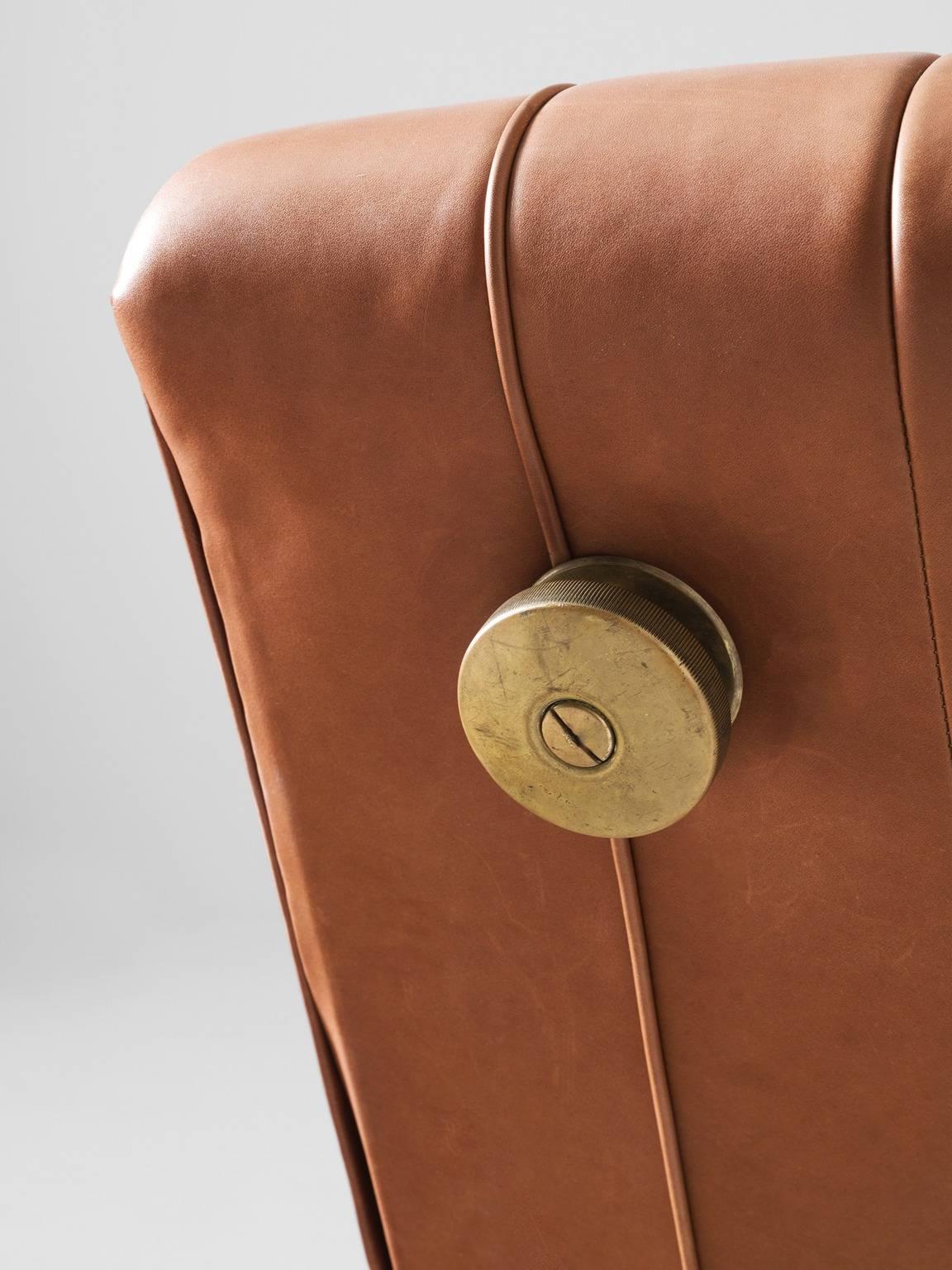 Brass Reupholstered Osvaldo Borsani D70 Sofa in Warm Cognac Aniline Leather
