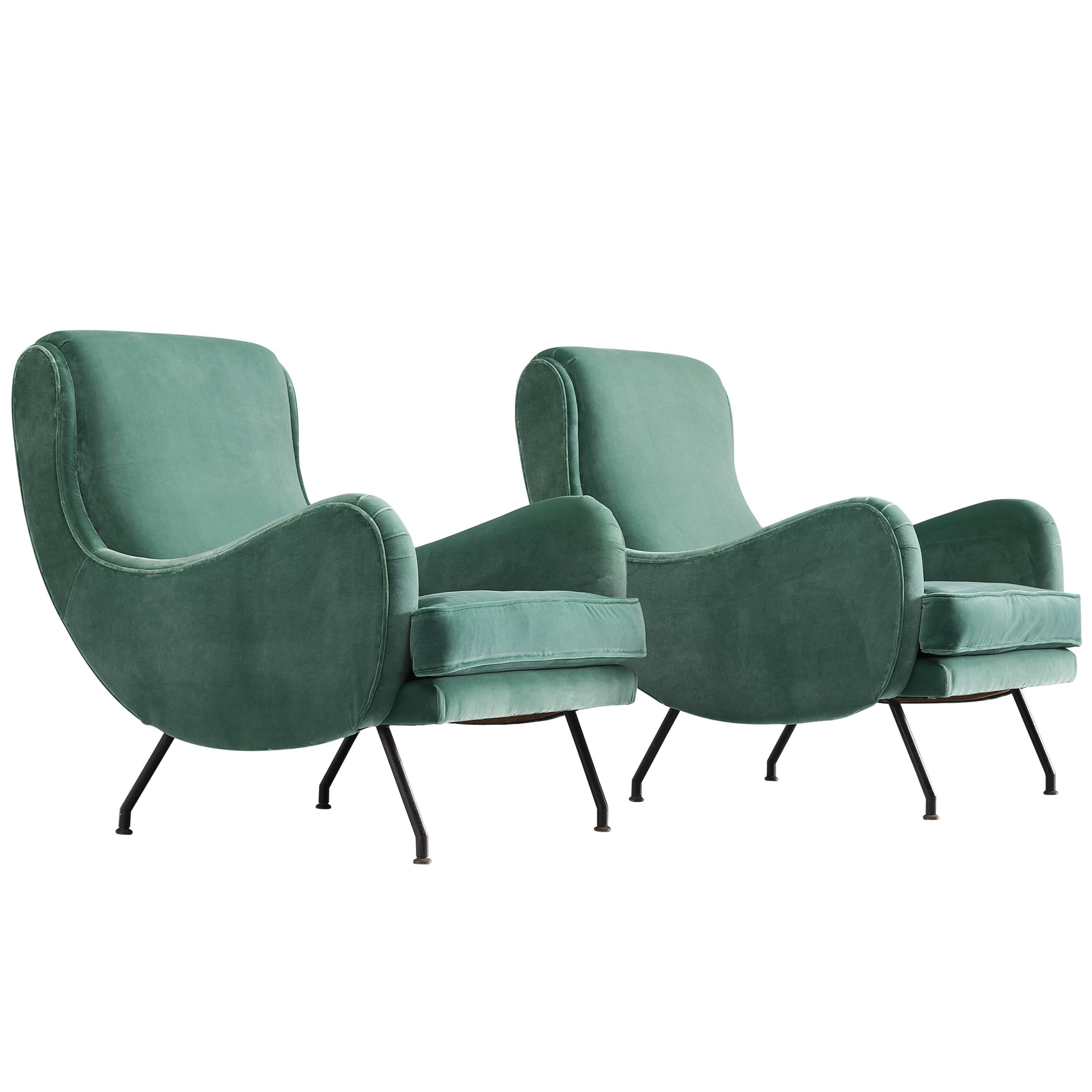 Newly Upholstered Velvet French Lounge Chairs, 1950s