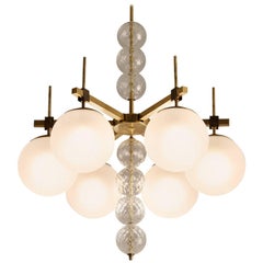 Large Chandelier in Frosted Glass and Brass