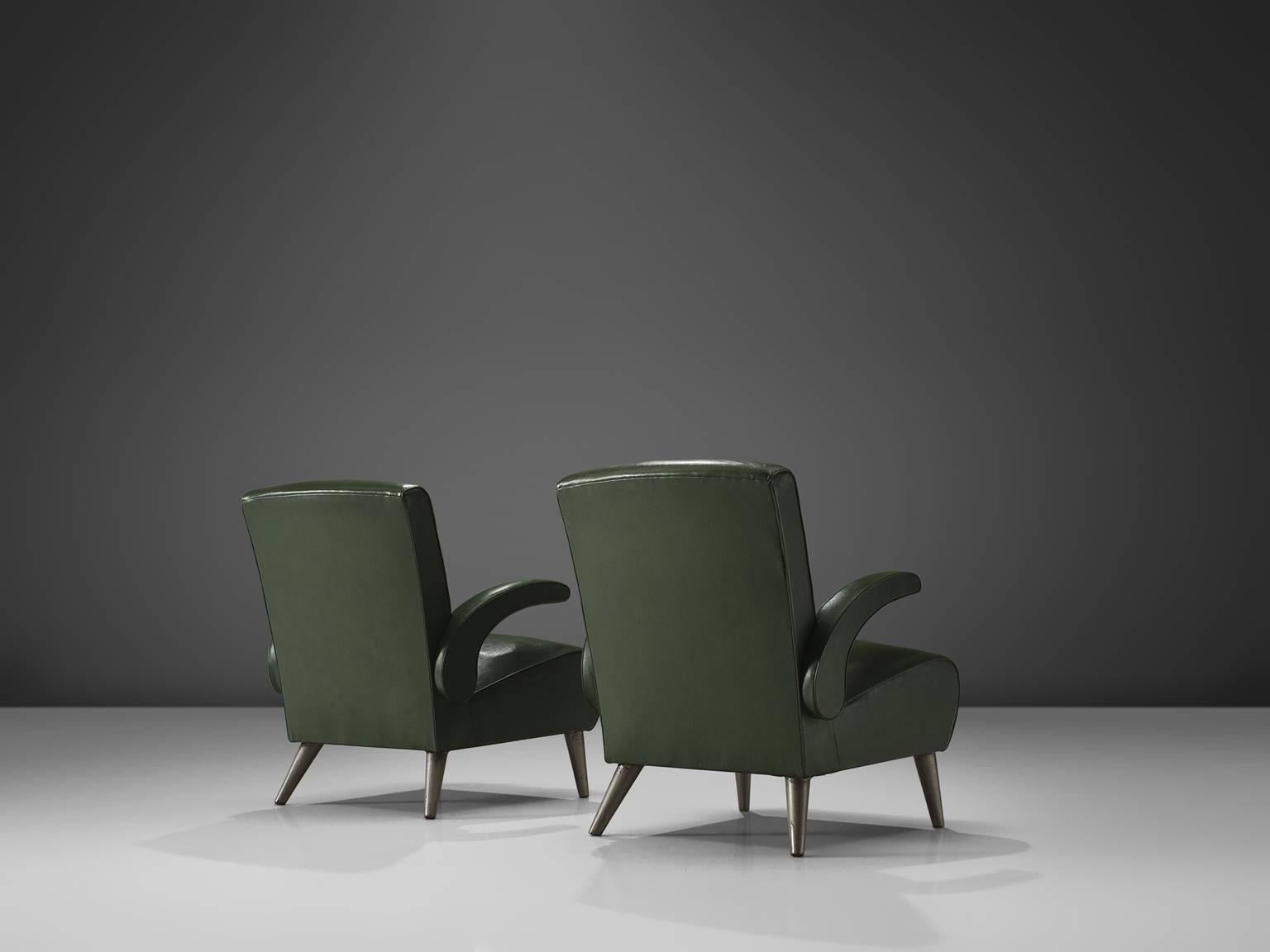 Mid-Century Modern Pair of Deep Green Leatherette Lounge Chairs