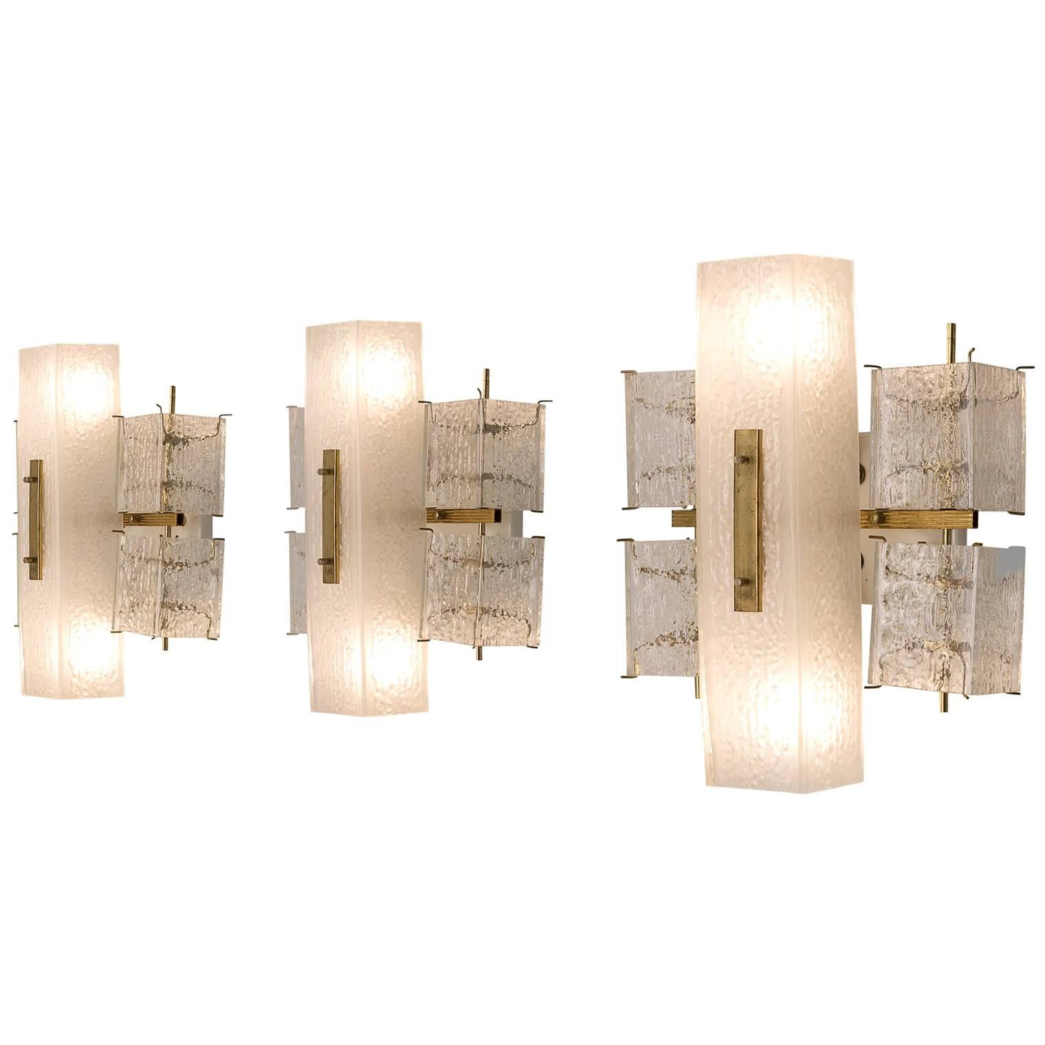 Set of Three-Wall Lights with Structured Glass and Brass