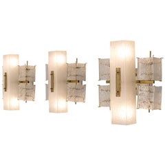 Set of Three-Wall Lights with Structured Glass and Brass