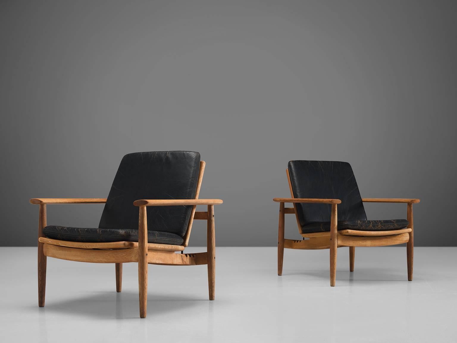 Scandinavian Modern Johan Hagen Oak Armchairs in Original Leather