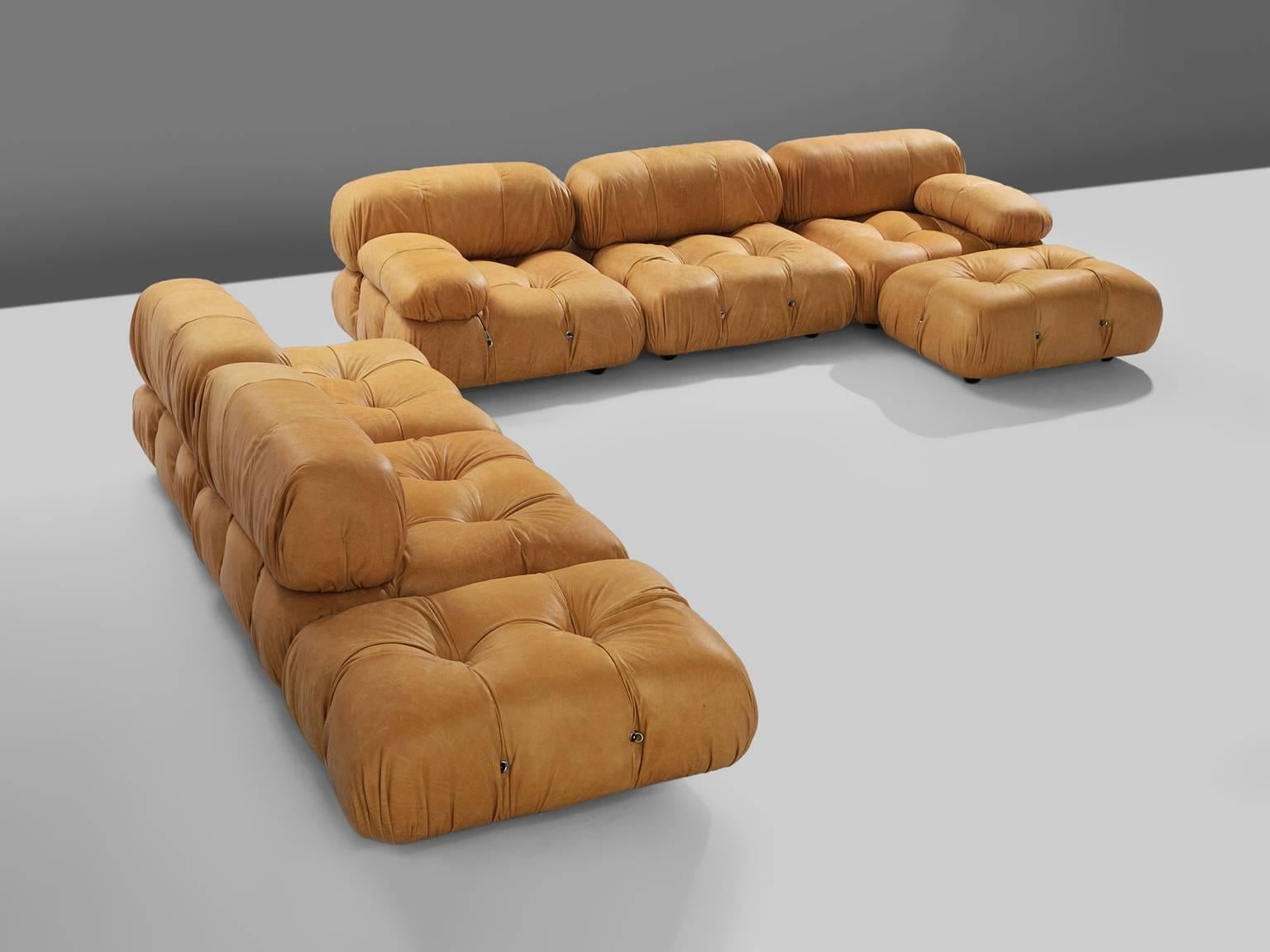 Mario Bellini, large modular 'Cameleonda' sofa, cognac leather upholstery, Italy, 1971, reupholstered by our in-house upholstery atelier. 

The sectional elements this sofa was made with, can be used freely and apart from one another. The backs and