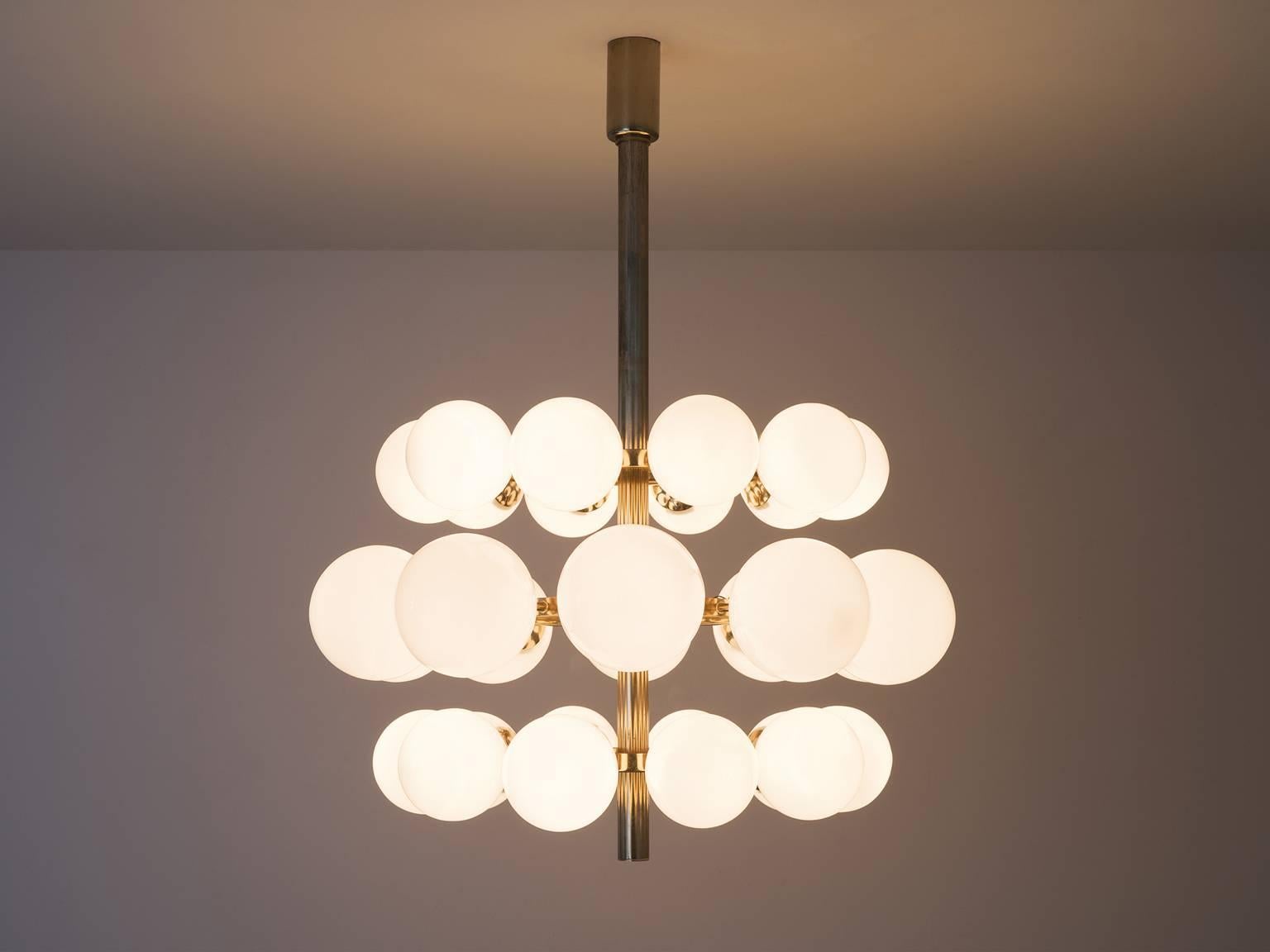 Mid-Century Modern Large Metal Chandelier with Opaline Glass Spheres 