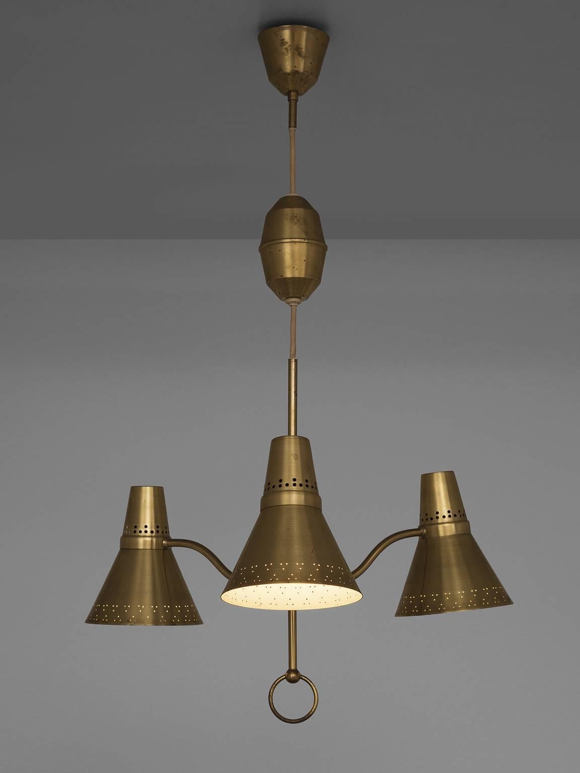 Pair of height adjustable ceiling lamp, brass, produced by AB E.Hansson & Co in Malmö, Sweden, 1950s. 

This playful lamp holds the middle between Classic, decorative chandeliers and organic, simplistic Scandinavian design. The lamp is executed