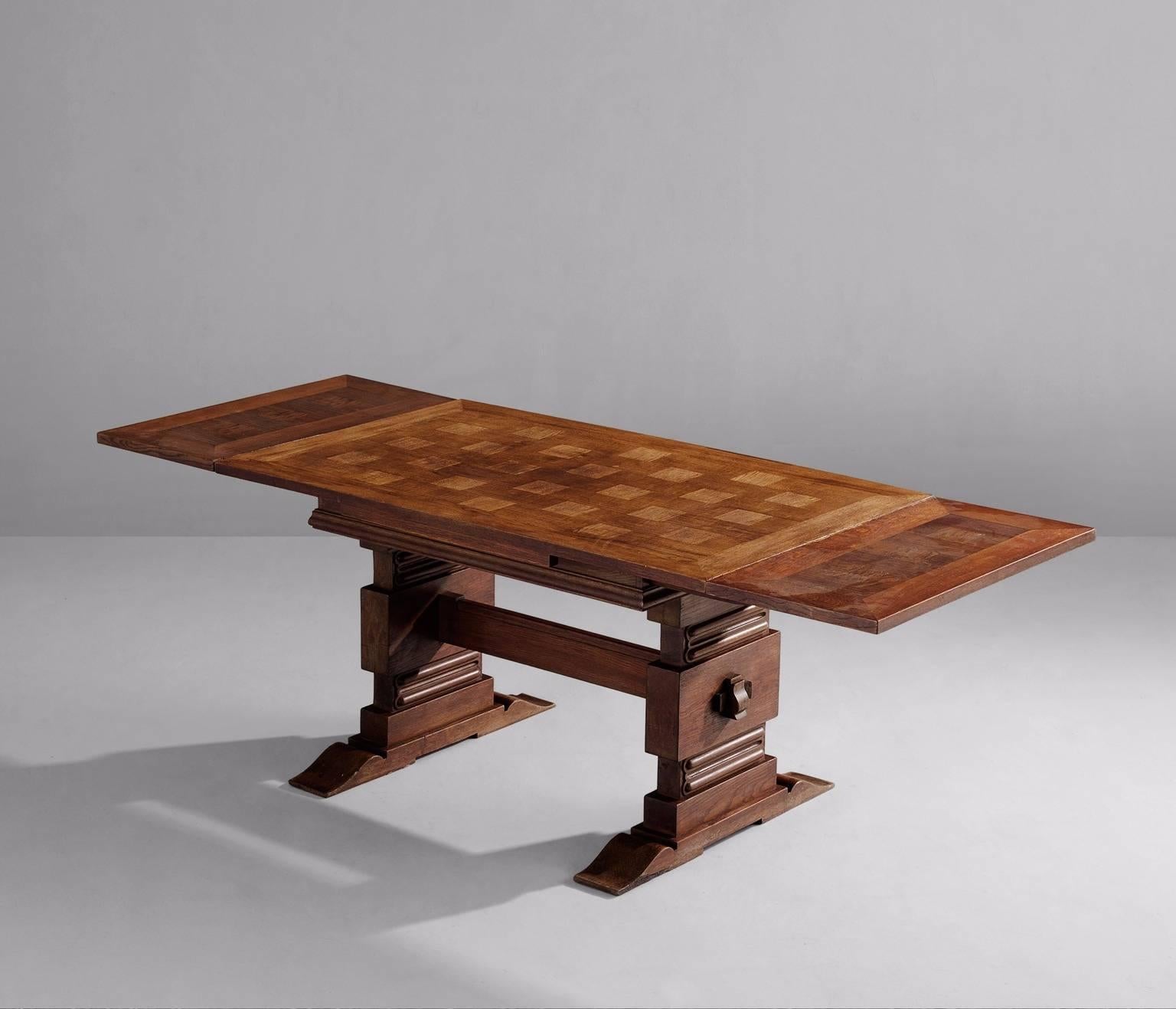 Art Deco Dining Table in Oak and Bronze by Charles Dudouyt