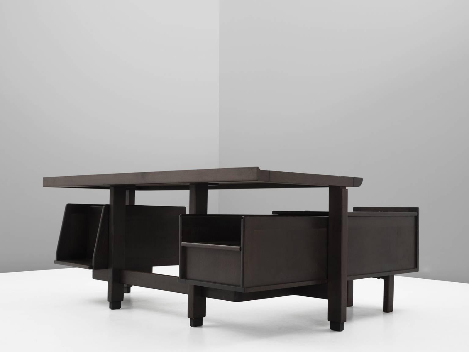 Mid-Century Modern Guillerme and Chambron Executive Desk in Dark Stained Oak
