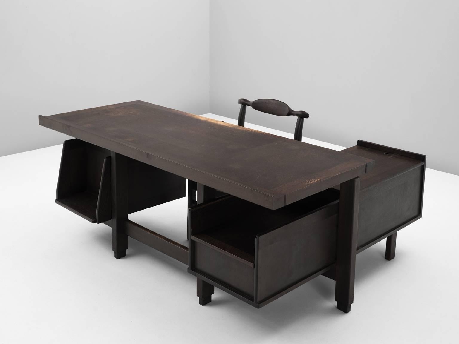 French Guillerme and Chambron Executive Desk in Dark Stained Oak