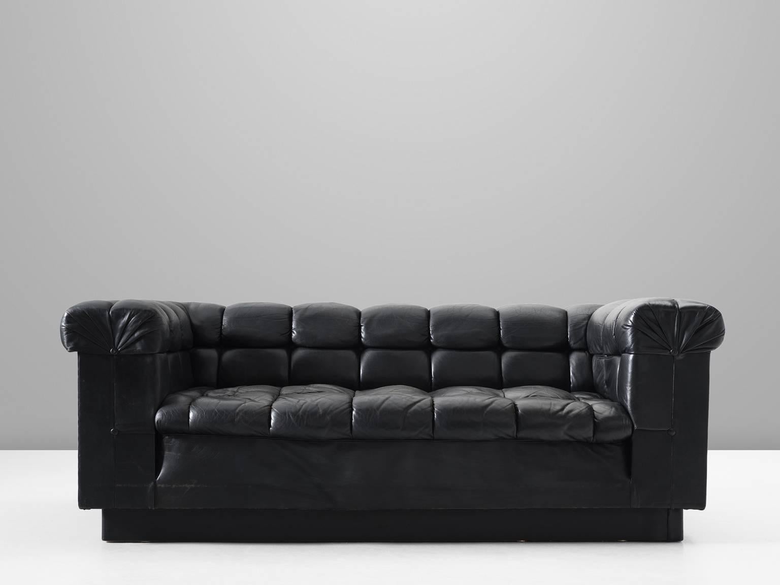 American Edward Wormley Tufted Two-Seat Sofa in Black Leather