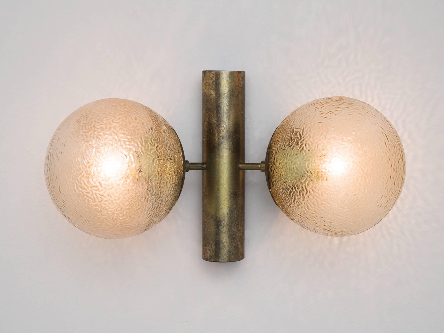 Mid-Century Modern Pair of Brass Colored Wall Lights with Structured Glass