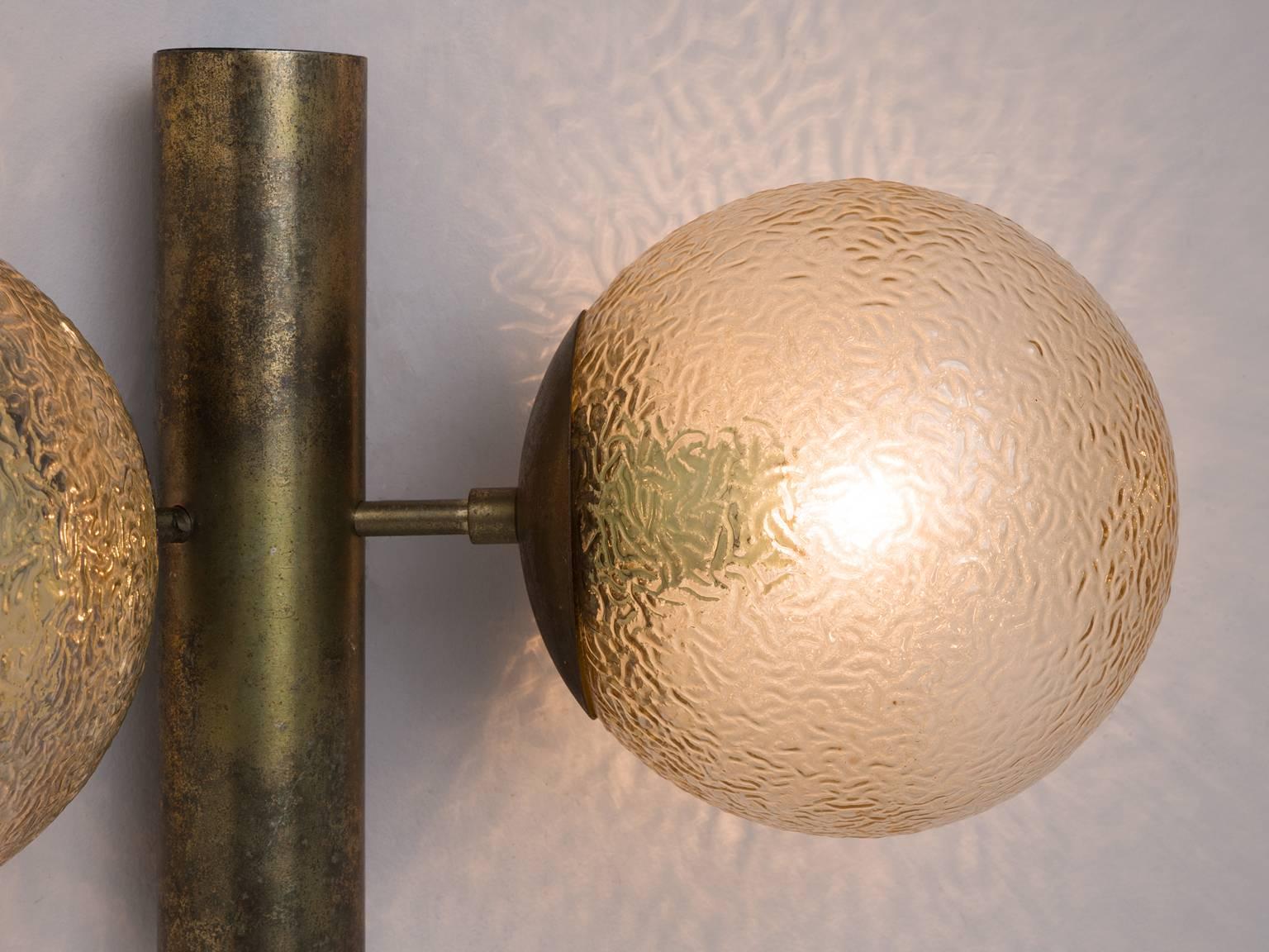 European Pair of Brass Colored Wall Lights with Structured Glass